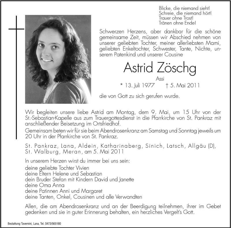  Traueranzeige für Astrid Zöschg vom 06.05.2011 aus Dolomiten