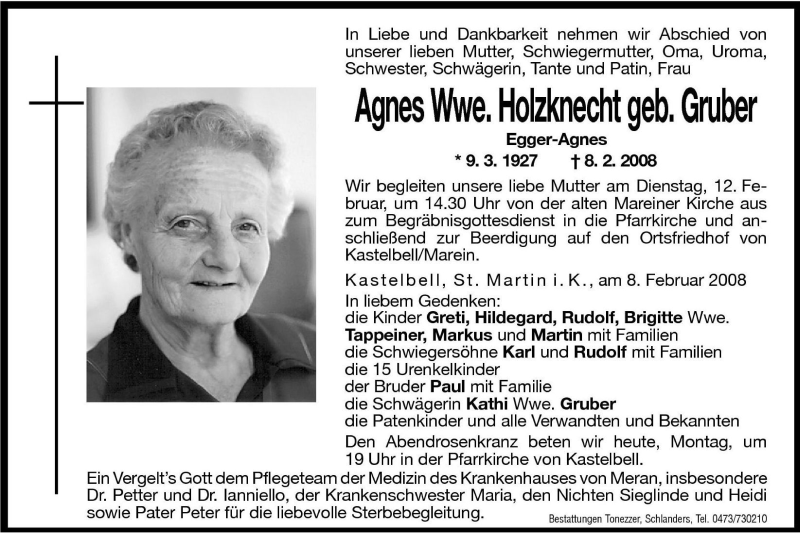  Traueranzeige für Agnes Holzknecht vom 11.02.2008 aus Dolomiten
