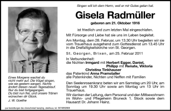 Traueranzeige von Gisela Radmüller von Dolomiten
