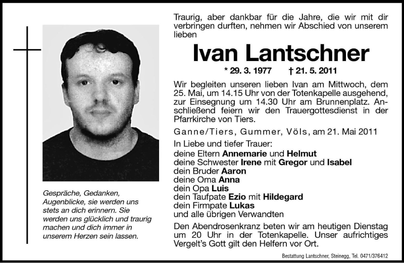  Traueranzeige für Ivan Lantschner vom 24.05.2011 aus Dolomiten