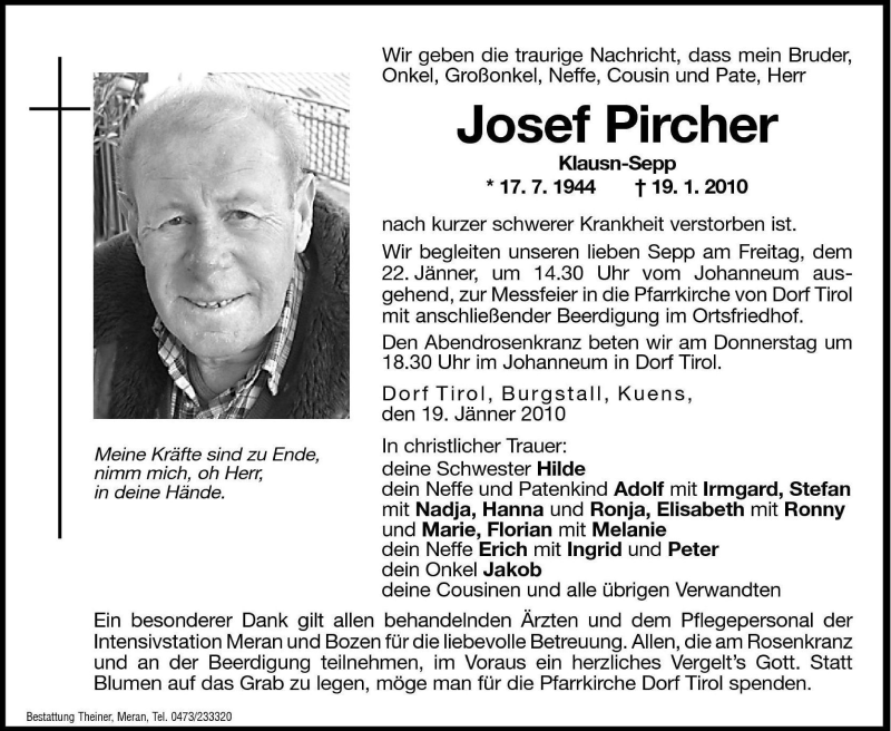  Traueranzeige für Josef Pircher vom 21.01.2010 aus Dolomiten