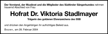 Traueranzeige von Viktoria Stadlmayer von Dolomiten