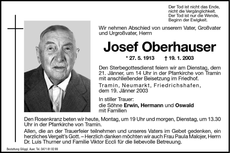  Traueranzeige für Josef Oberhauser vom 20.01.2003 aus Dolomiten