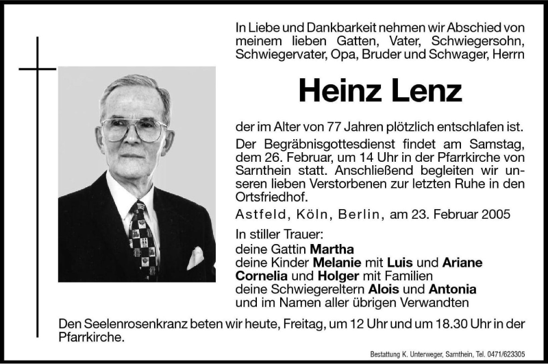  Traueranzeige für Heinz Lenz vom 25.02.2005 aus Dolomiten