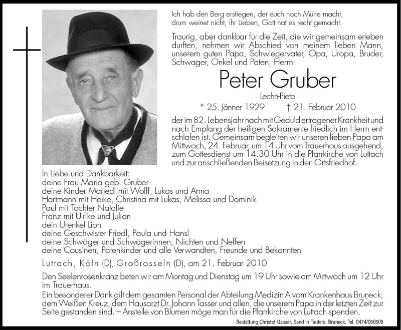 Traueranzeige für Peter Gruber vom 22.02.2010 aus Dolomiten