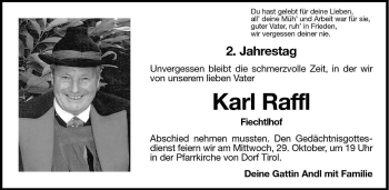 Traueranzeige von Karl Raffl von Dolomiten