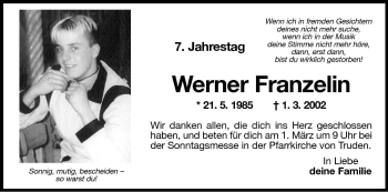 Traueranzeige von Werner Franzelin von Dolomiten