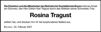 Traueranzeige von Rosina Tragust von Dolomiten