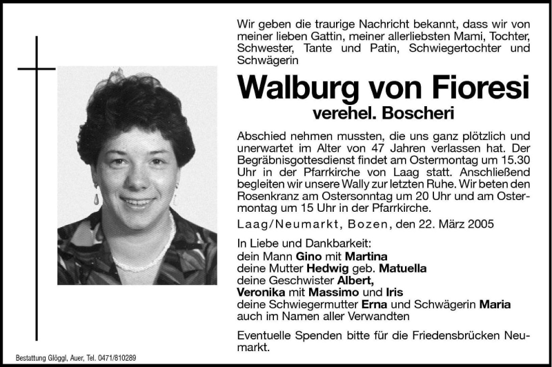  Traueranzeige für Walburg von Fioresi vom 26.03.2005 aus Dolomiten