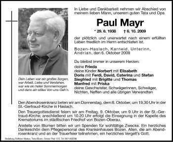 Traueranzeige von Paul Mayr von Dolomiten