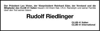 Traueranzeige von Rudolf Riedlinger von Dolomiten