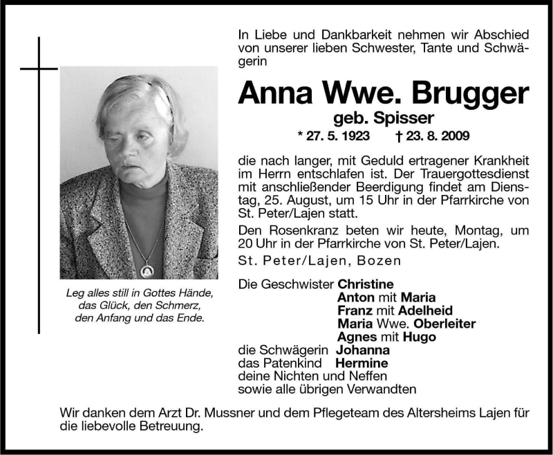 Traueranzeige für Anna Brugger vom 24.08.2009 aus Dolomiten