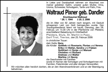 Traueranzeige von Waltraud Pixner von Dolomiten