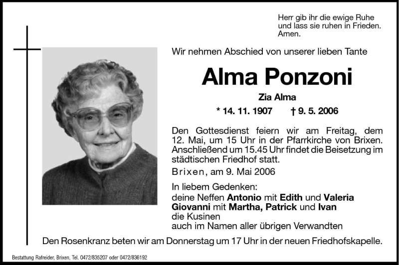  Traueranzeige für Alma Ponzoni vom 10.05.2006 aus Dolomiten