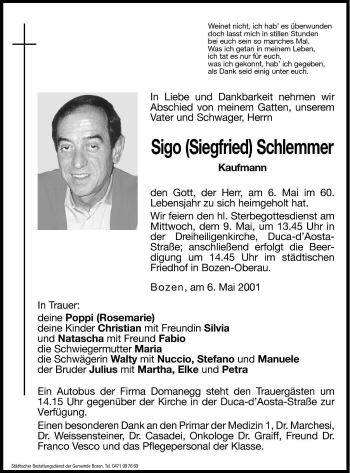 Traueranzeige von Sigo (Siegfried) Schlemmer von Dolomiten