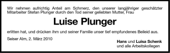 Traueranzeige von Luisa Plunger von Dolomiten