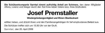 Traueranzeige von Josef Premstaller von Dolomiten