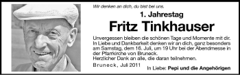 Traueranzeige von Fritz Tinkhauser von Dolomiten