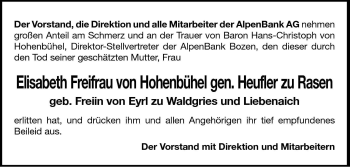 Traueranzeige von Elisabeth Freifrau von Hohenbühel von Dolomiten