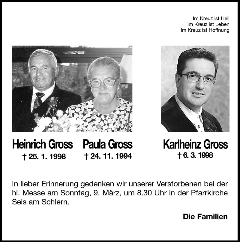  Traueranzeige für Heinrich Gross vom 07.03.2008 aus Dolomiten