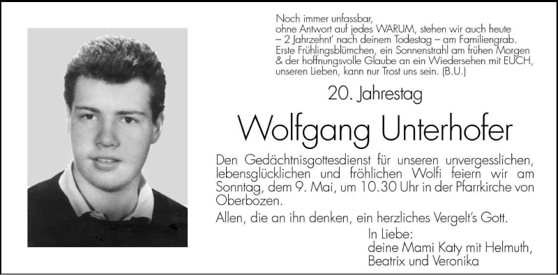  Traueranzeige für Wolfgang Unterhofer vom 08.05.2004 aus Dolomiten
