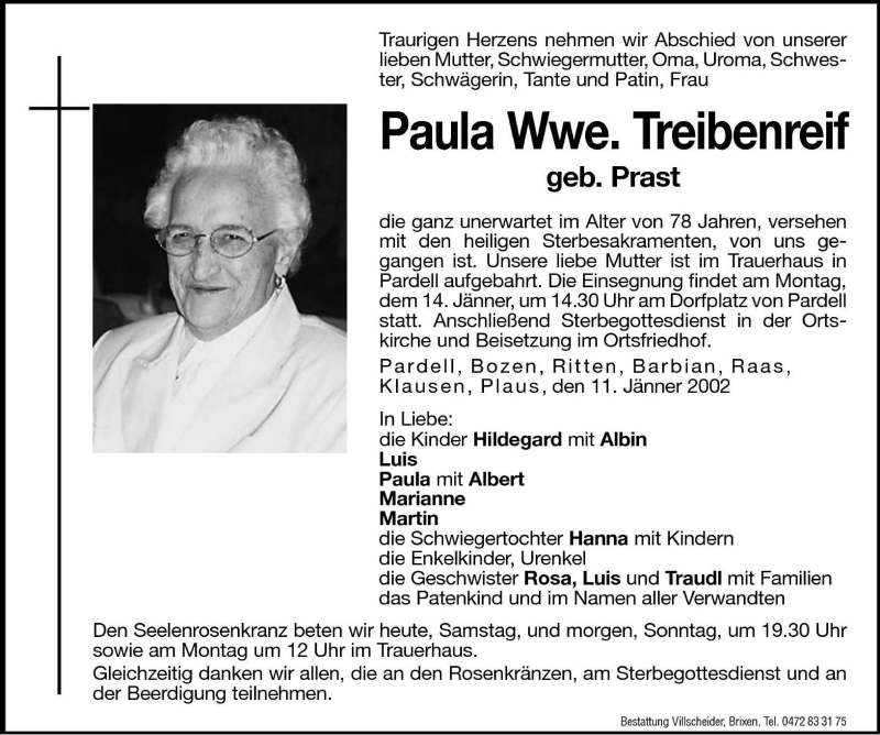  Traueranzeige für Paula Treibenreif vom 12.01.2002 aus Dolomiten