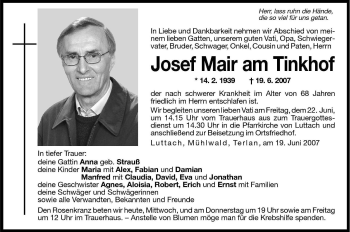 Traueranzeige von Josef Mair am Tinkhof von Dolomiten