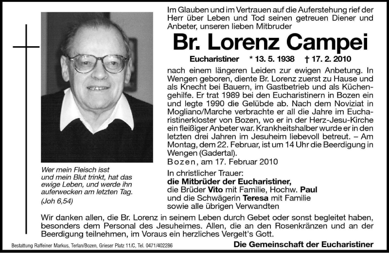  Traueranzeige für Lorenz Campei vom 19.02.2010 aus Dolomiten