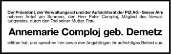 Traueranzeige von Annemarie Comploj von Dolomiten