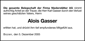 Traueranzeige von Alois Gasser von Dolomiten