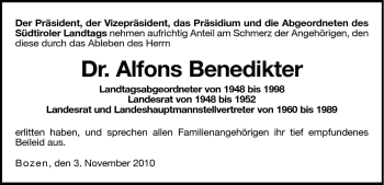 Traueranzeige von Alfons Benedikter von Dolomiten