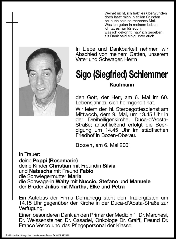  Traueranzeige für Sigo (Siegfried) Schlemmer vom 08.05.2001 aus Dolomiten