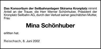 Traueranzeige von Mina Schönhuber von Dolomiten
