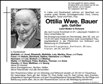 Traueranzeige von Ottilia Bauer von Dolomiten