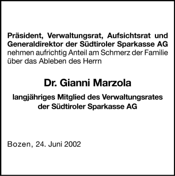 Traueranzeige von Gianni Marzola von Dolomiten