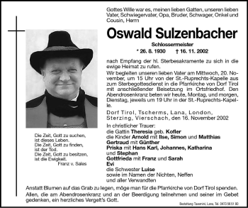 Traueranzeige von Oswald Sulzenbacher von Dolomiten