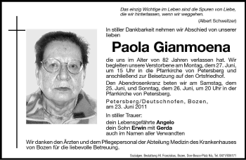 Traueranzeige von Paola Gianmoena von Dolomiten