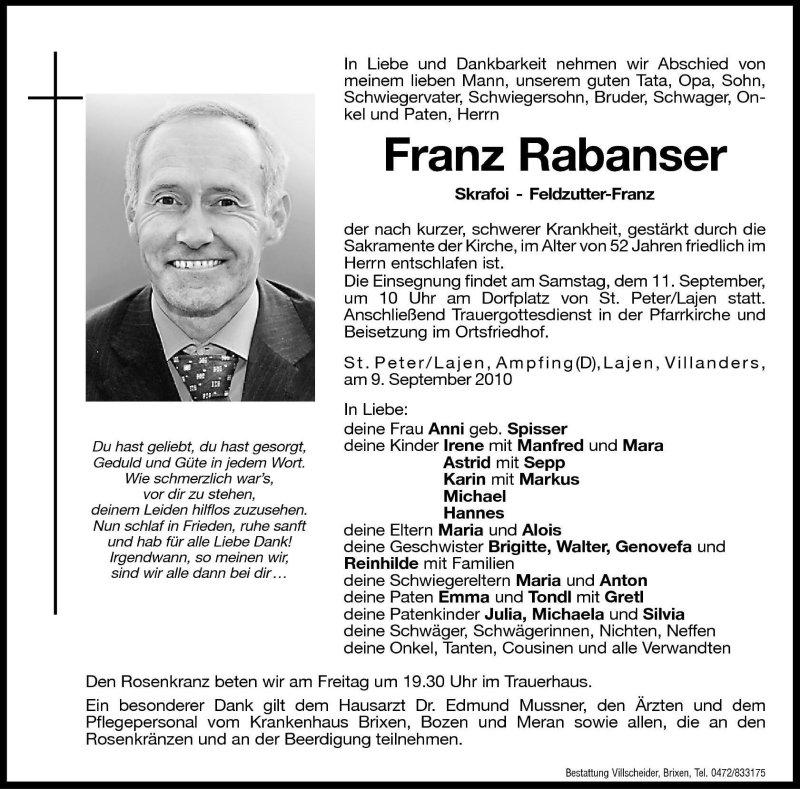  Traueranzeige für Franz Rabanser vom 10.09.2010 aus Dolomiten