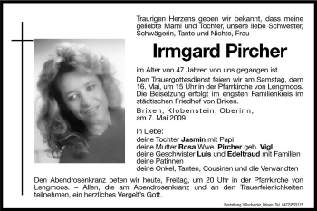 Traueranzeige von Irmgard Pircher von Dolomiten