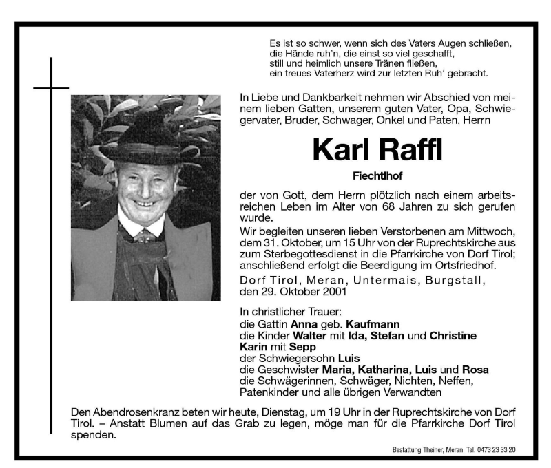  Traueranzeige für Karl Raffl vom 30.10.2001 aus Dolomiten