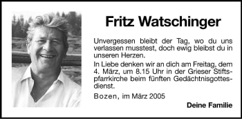 Traueranzeige von Fritz Watschinger von Dolomiten