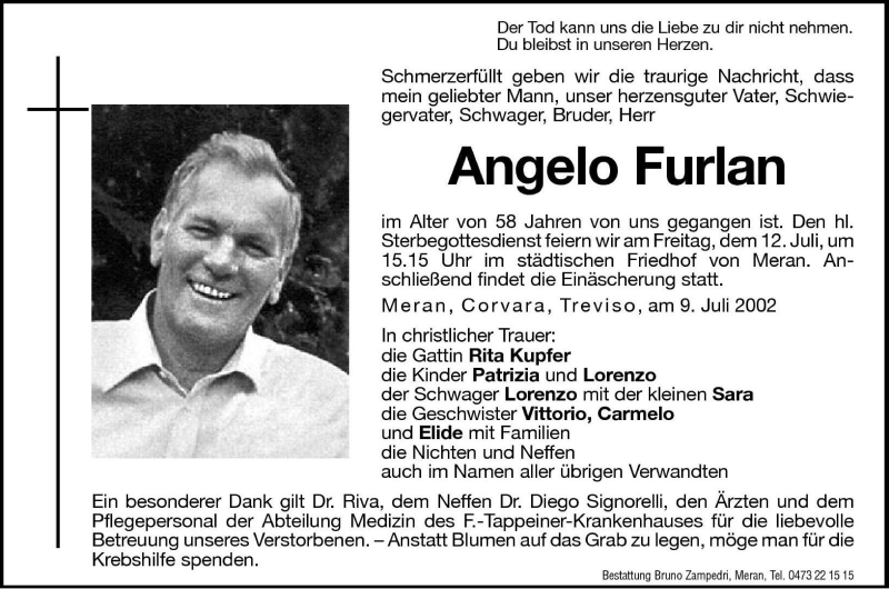 Traueranzeigen von Angelo Furlan Trauer.bz