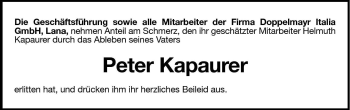 Traueranzeige von Peter Kapaurer von Dolomiten