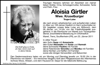 Traueranzeige von Aloisia Kruselburger von Dolomiten