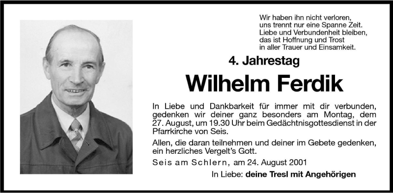  Traueranzeige für Wilhelm Ferdik vom 24.08.2001 aus Dolomiten