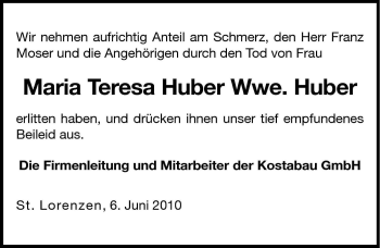 Traueranzeige von Maria Teresa Huber von Dolomiten