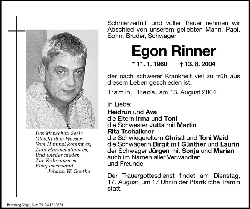  Traueranzeige für Egon Rinner vom 17.08.2004 aus Dolomiten