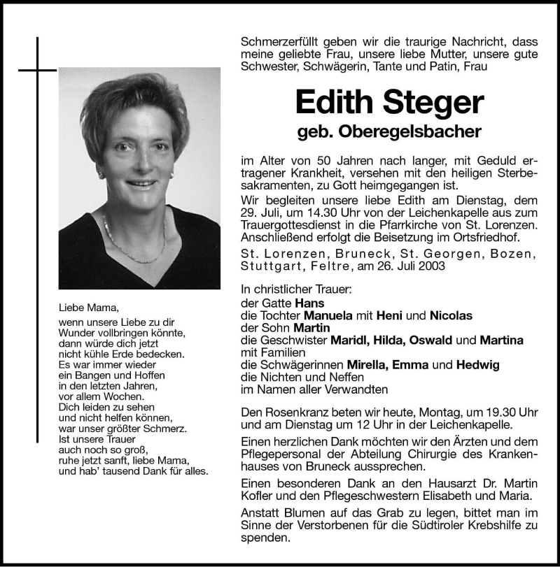 Traueranzeigen von Edith Steger | Trauer.bz