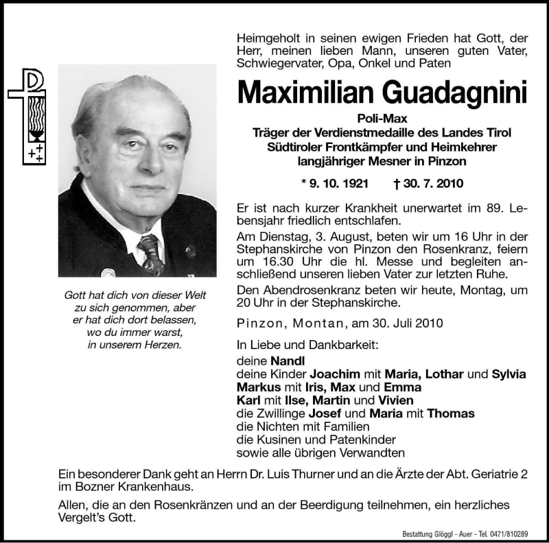  Traueranzeige für Maximilian Guadagnini vom 02.08.2010 aus Dolomiten