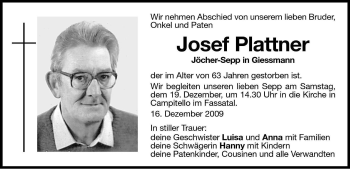 Traueranzeige von Josef Plattner von Dolomiten